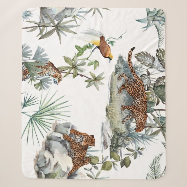 Couverture Sherpa Aquarelle de la jungle léopard Scène tropicale (Devant)