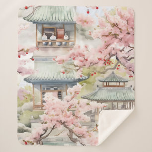Couverture Sherpa Aquarelle de la pagode asiatique au milieu des fle