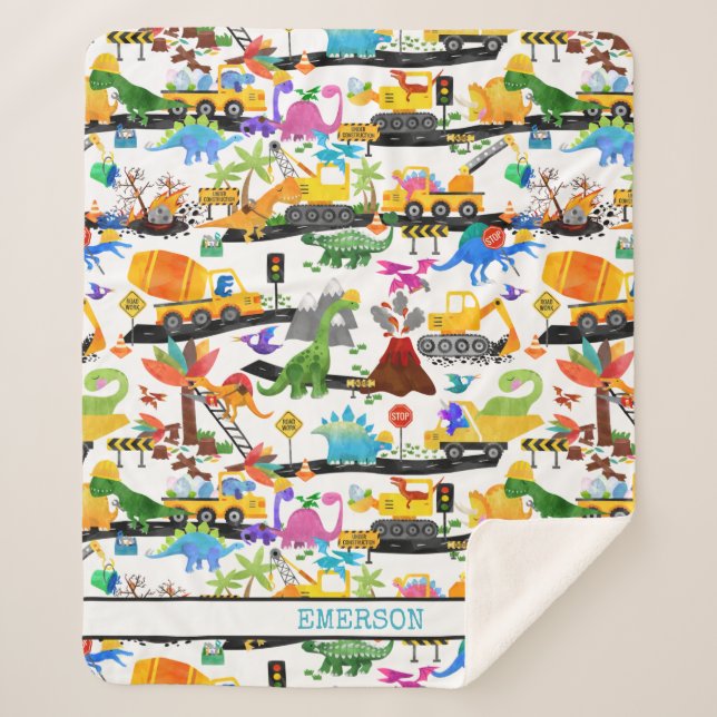 Couverture Sherpa Aquarelle Dinosaure Construction Enfants mignonnes (Devant)