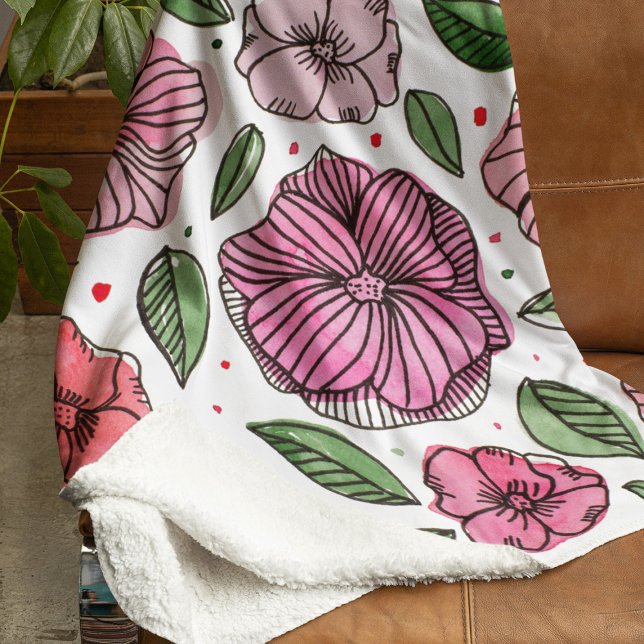 Couverture Sherpa Aquarelle et fleurs d'encre - rose et vert (Créateur téléchargé)