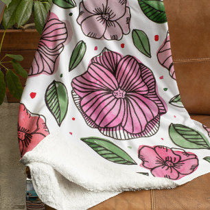 Couverture Sherpa Aquarelle et fleurs d'encre - rose et vert