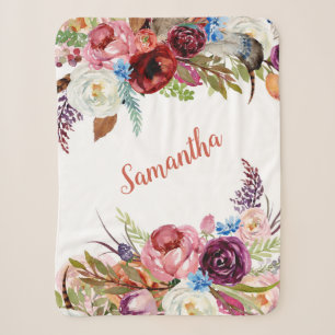 Couverture Sherpa Aquarelle Floral Bouquet Baby Girl Name