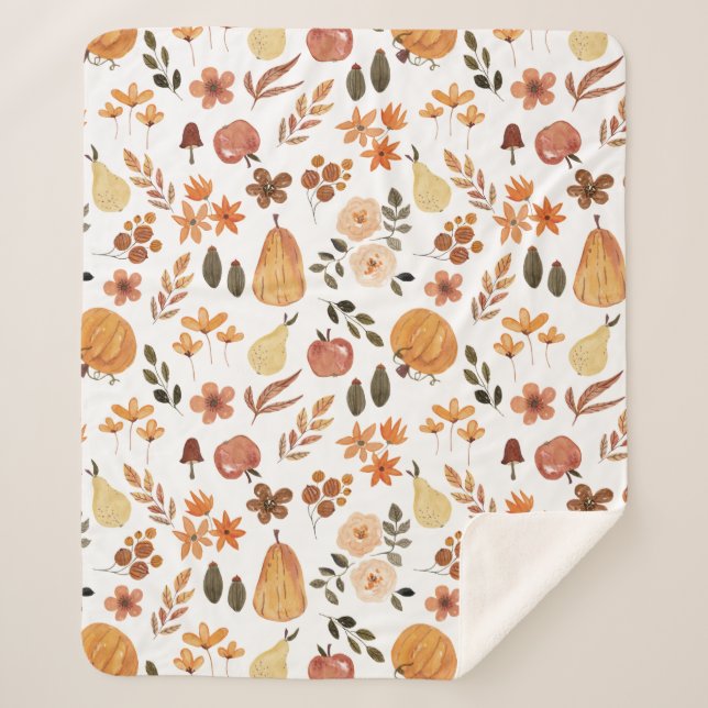 Couverture Sherpa Aquarelle Florale Citrouilles et Feuilles (Devant)