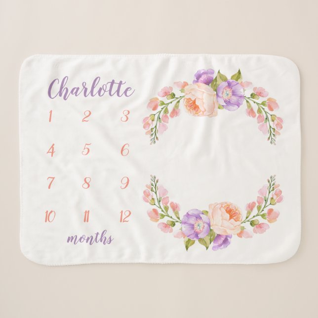 Couverture Sherpa Aquarelle Florale Monogramme Baby Milestone Photo (Devant (Horizontal))