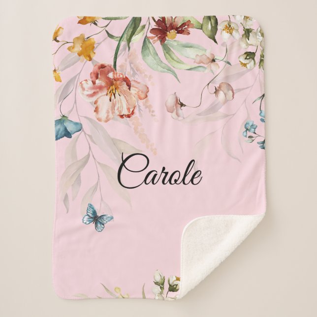 Couverture Sherpa Aquarelle Florale, Petit Lit ou poussette (Devant)