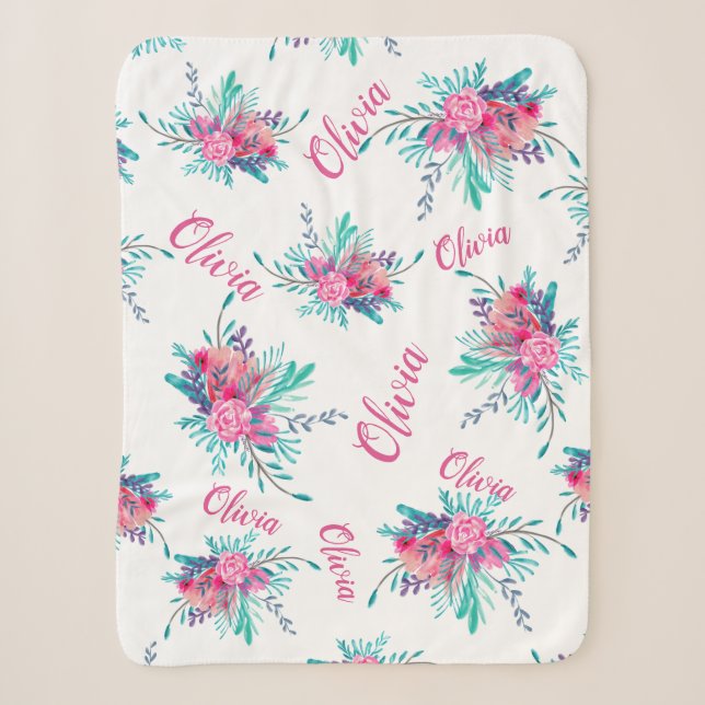 Couverture Sherpa Aquarelle florale rose néon Baby Girl Nom script (Devant)