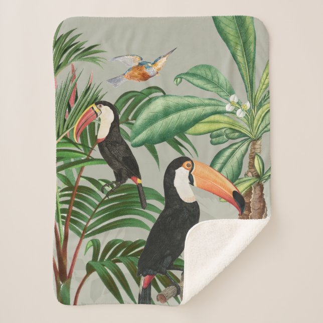 Couverture Sherpa Aquarelle Forêt tropicale et Oiseaux du Toucan (Devant)