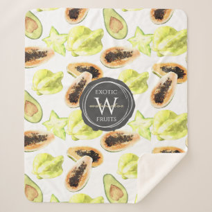 Couverture Sherpa Aquarelle Fruits exotiques comestibles Monogramme 