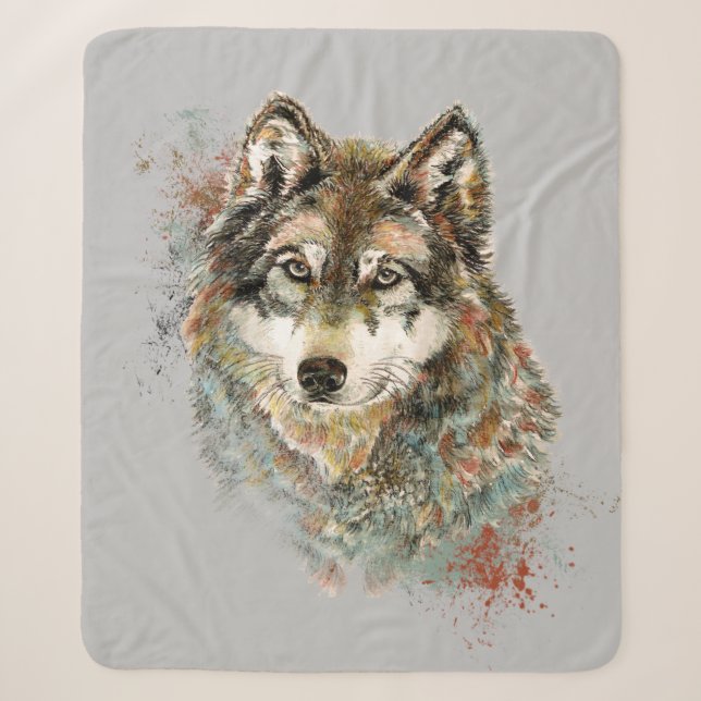 Couverture Sherpa Aquarelle Gris Loup Animal Faune Nature Art (Devant)