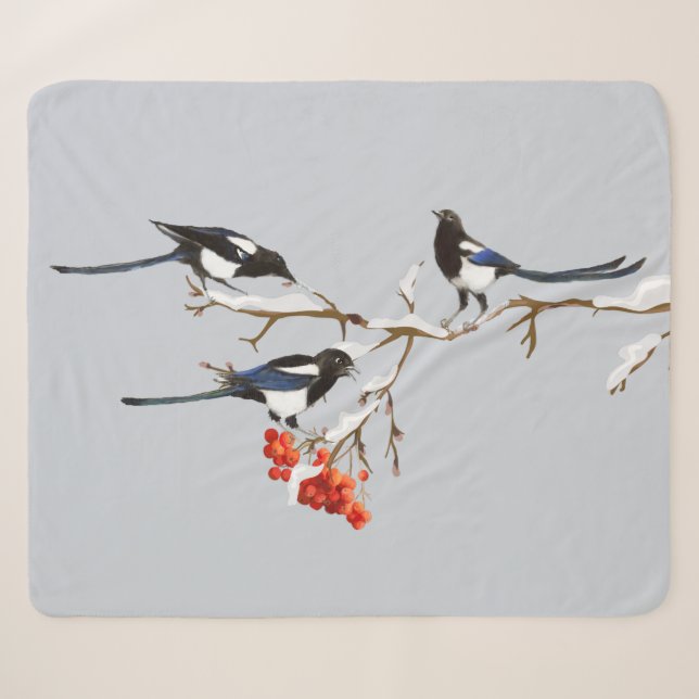 Couverture Sherpa Aquarelle Jardin Oiseaux Magpies Faune Nature Art (Devant (Horizontal))