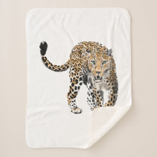 Couverture Sherpa aquarelle léopard jungle chat animal peint vert