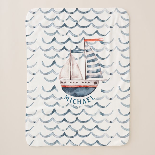 Couverture Sherpa Aquarelle marin rouge et bleu monogramme (Devant)