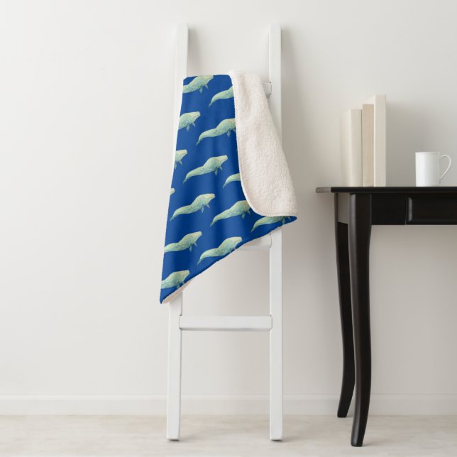 Couverture Sherpa Aquarelle marine Baleines bleues (En situation)