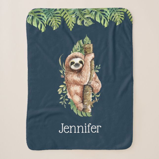 Couverture Sherpa Aquarelle mignonne Sloth & Feuilles tropicaux (Devant)