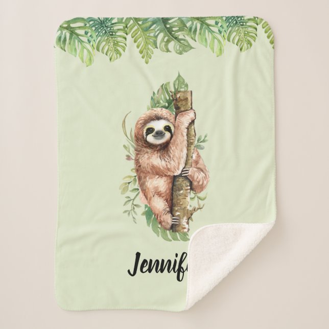 Couverture Sherpa Aquarelle mignonne Sloth & Feuilles tropicaux (Devant)