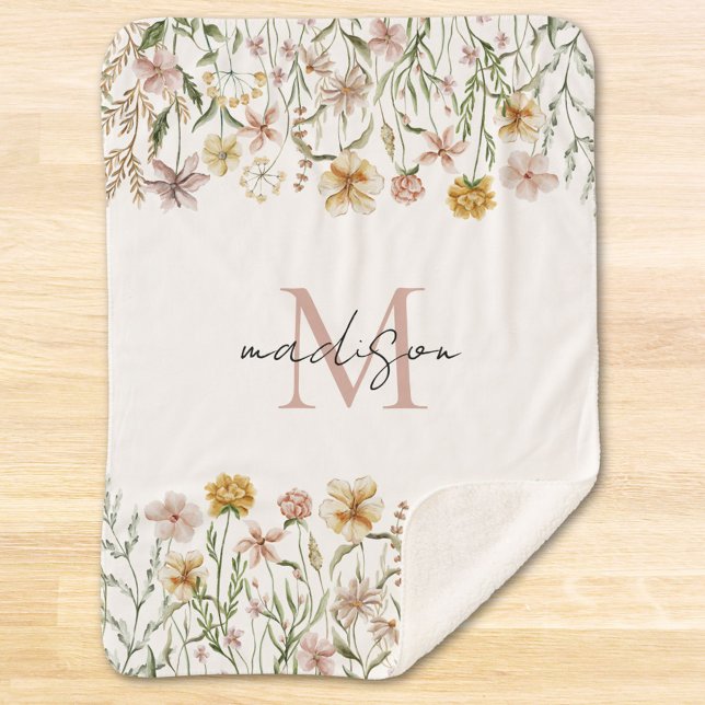 Couverture Sherpa Aquarelle monogramme Fleur sauvage Floral de prair (Close up)