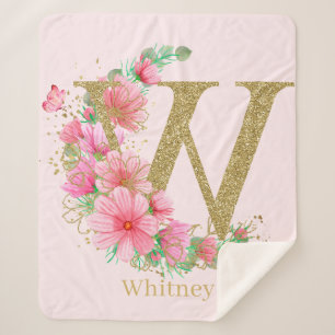 Couverture Sherpa Aquarelle Or et Monogramme Floral Lettre W