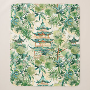Couverture Sherpa Aquarelle Pagode asiatique dans paysage verdoyant