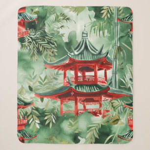 Couverture Sherpa Aquarelle Pagode asiatique dans paysage verdoyant