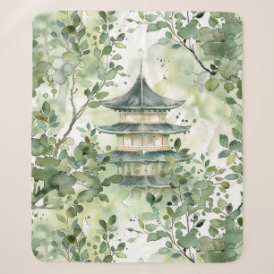 Couverture Sherpa Aquarelle Pagode asiatique dans paysage verdoyant