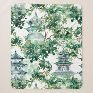 Couverture Sherpa Aquarelle Pagode asiatique dans paysage verdoyant