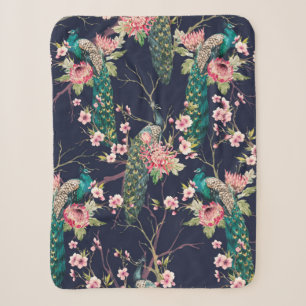 Couverture Sherpa aquarelle paon motif sur une cerise d'arbre, fleur