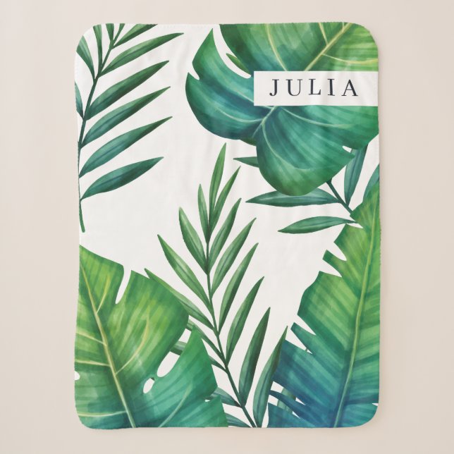 Couverture Sherpa Aquarelle personnalisée Feuilles tropicaux (Devant)