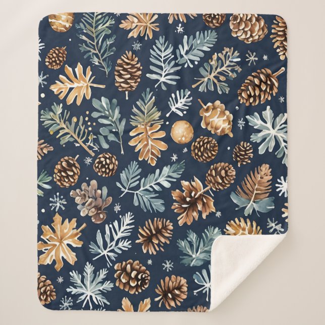 Couverture Sherpa Aquarelle Pine Cônes Motif d'hiver (Devant)