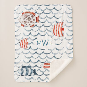 Couverture Sherpa Aquarelle poisson rouge et bleu monogramme