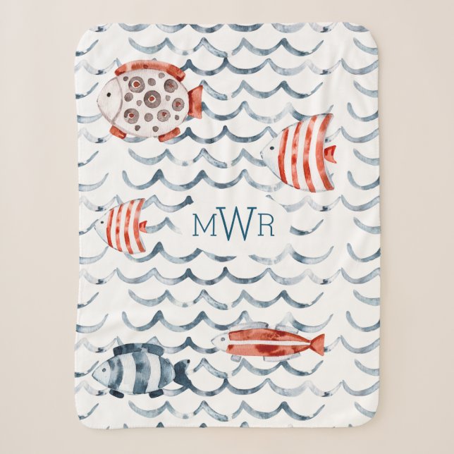 Couverture Sherpa Aquarelle poisson rouge et bleu monogramme (Devant)