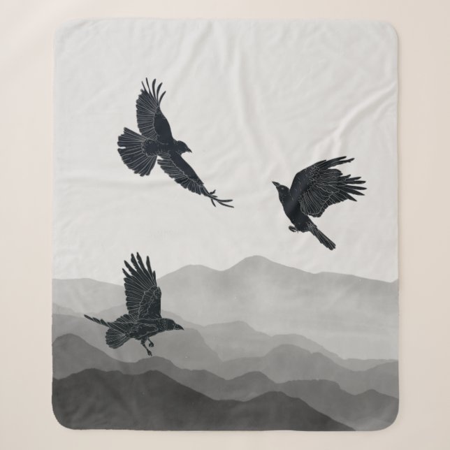 Couverture Sherpa Aquarelle Ravens Corbeaux Oiseaux noirs Faune (Devant)