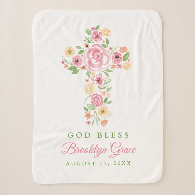 Couverture Sherpa Aquarelle rose Croix Baptême / Christening (Devant)