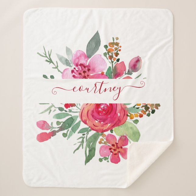 Couverture Sherpa Aquarelle rose floral personnalisé (Devant)