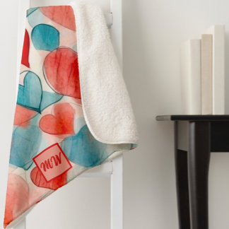 Couverture Sherpa Aquarelle rouge, bleu, doux, coeurs roses monogram