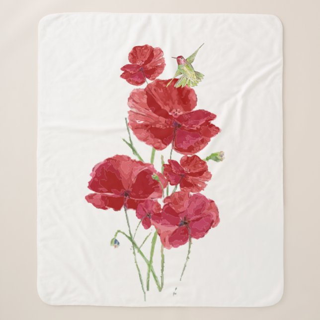 Couverture Sherpa Aquarelle Rouge Pavot colibri Oiseau du jardin (Devant)