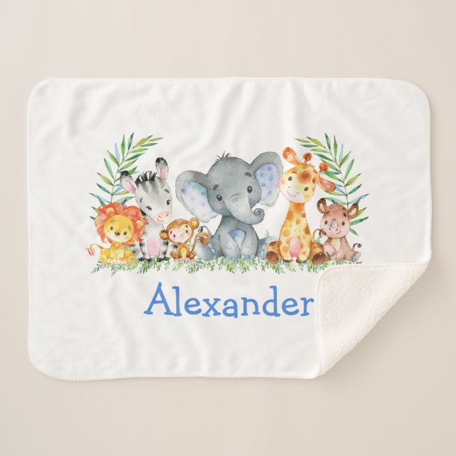Couverture Sherpa Aquarelle Safari Bébé Animaux Blue Elephant (Devant (Horizontal))