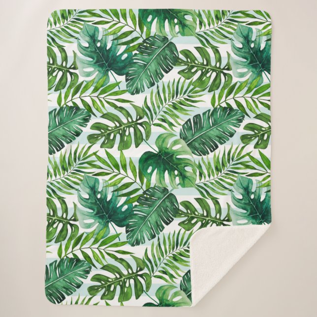 Couverture Sherpa Aquarelle Tropical Feuille Vert Moderne (Devant)