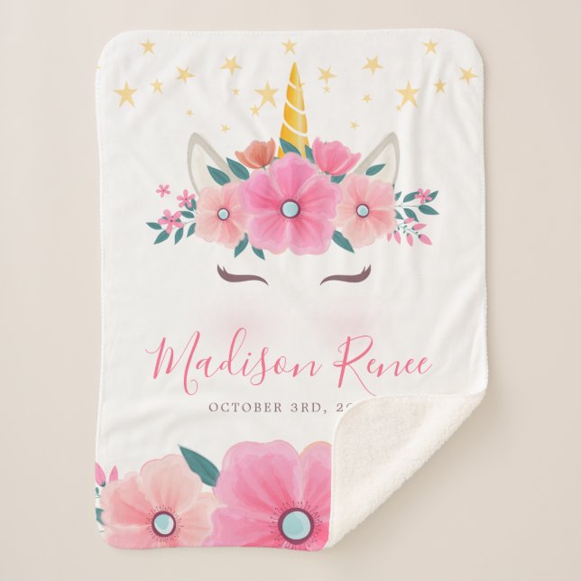 Couverture Sherpa Aquarelle Unicorne Visage Floral Stars Baby (Devant)