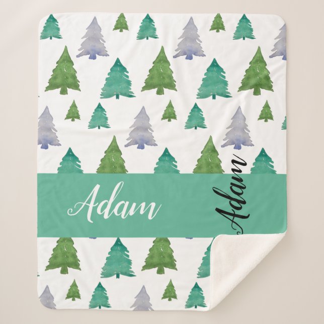 Couverture Sherpa Aquarelle verte de merisier Monogramme (Devant)