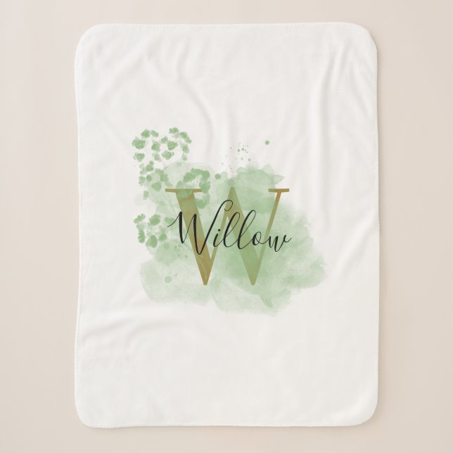 Couverture Sherpa Aquarelle verte personnalisée et initiale florale (Devant)