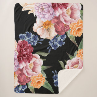 Couverture Sherpa Aquarelle vintage florale et botanique noire