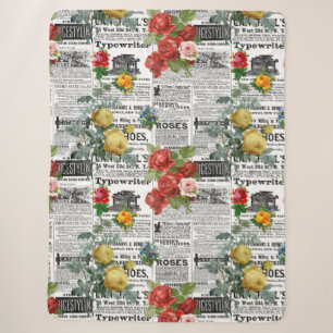Couverture Sherpa * AR23 Rose Floral Flower Newsprint Vintage