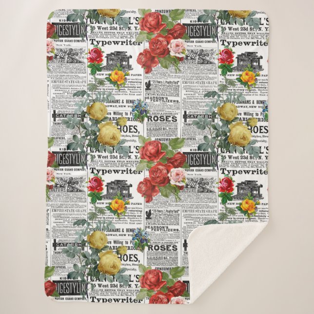 Couverture Sherpa * AR23 Roses Fleurales Fleur Papier Journal Vintag (Devant)