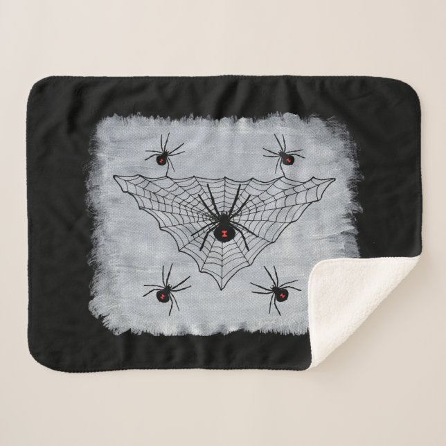 Couverture Sherpa Araignées noires veuves vitre rouge en Web en blan (Devant (Horizontal))