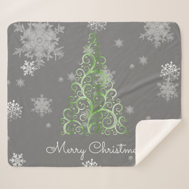 Couverture Sherpa Arbre de Noël vert et flocons de neige Sherpa Blan (Devant (Horizontal))