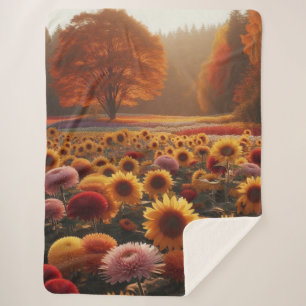 Couverture Sherpa Arbres d'automne/champ avec chrysanthèmes