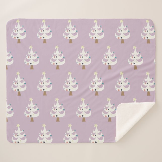 Couverture Sherpa Arbres de Noël blanc et lunatique sur violet (Devant (Horizontal))