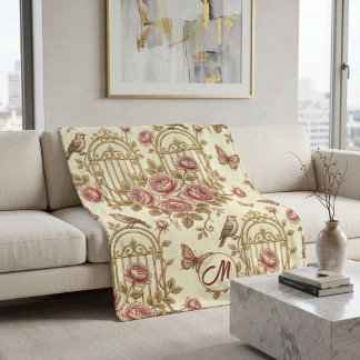 Couverture Sherpa Art floral de jardin victorien vintage avec monogr