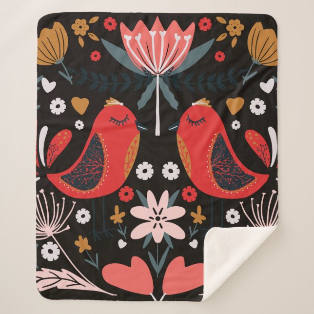 Couverture Sherpa art populaire scandinave coloré motif avec flore (Devant)