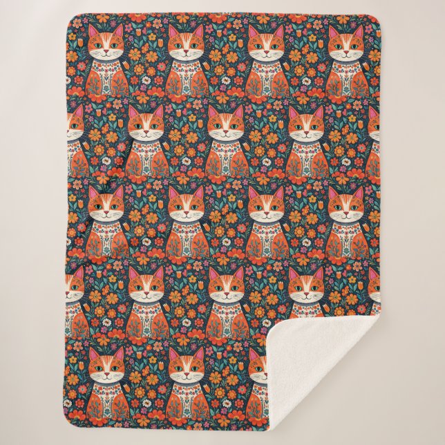 Couverture Sherpa Art populaire Whimsical Chat et Fleurs (Devant)